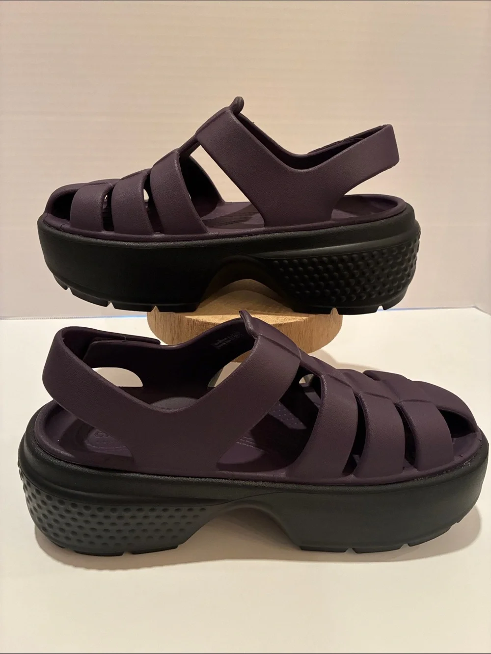 CROCS Women's Stomp Fisherman Platform Sandal in Deep Plum with Black Sole